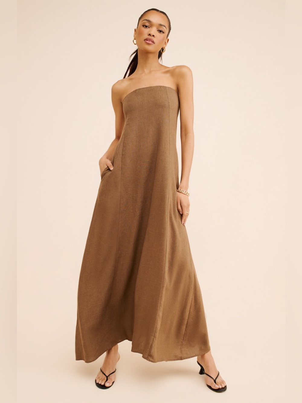 WeWoreWhat A-Line Strapless Midi Dress in Brown